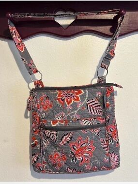 Waverly Inspirations Gray Quilted Crossbody with Red & Pink Floral Print